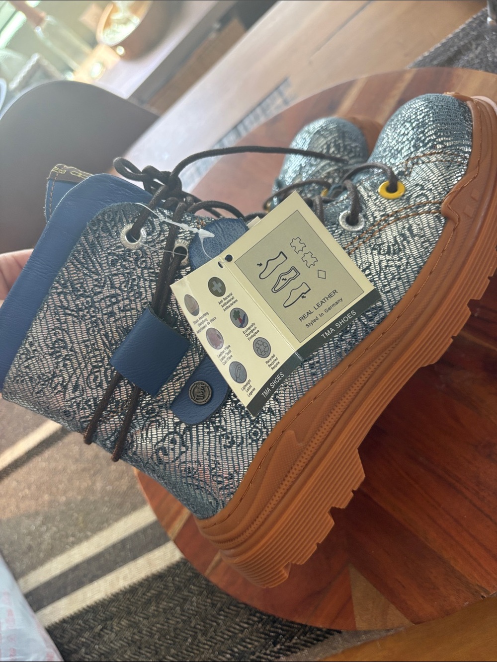 Blue Patterned Leather Combat Boots with Chunky Brown Lug Sole